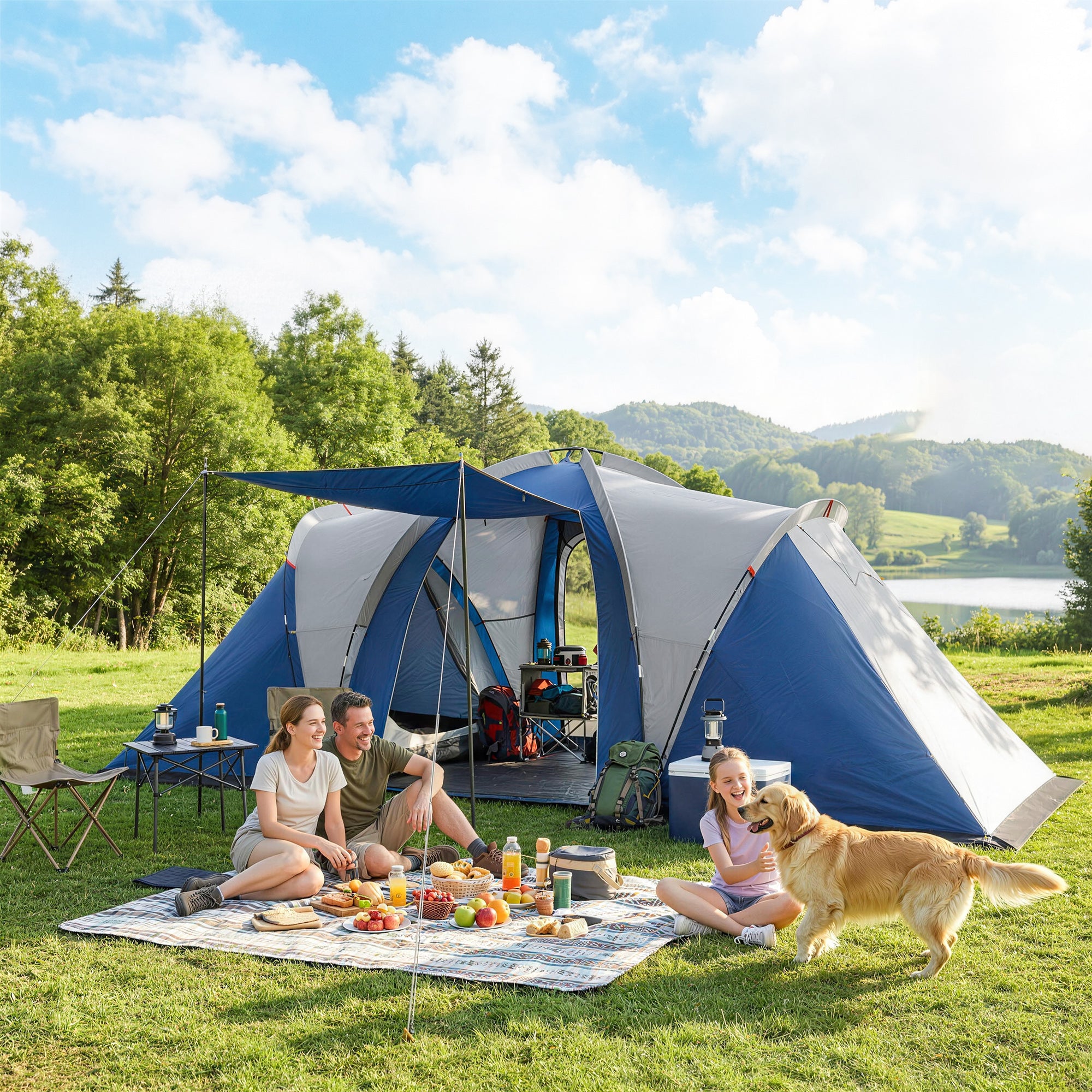 Outsunny Family Camping Tent 3000mm Waterproof Windproof Tunnel Tent 8-12 Person, Navy Blue & Light Grey 