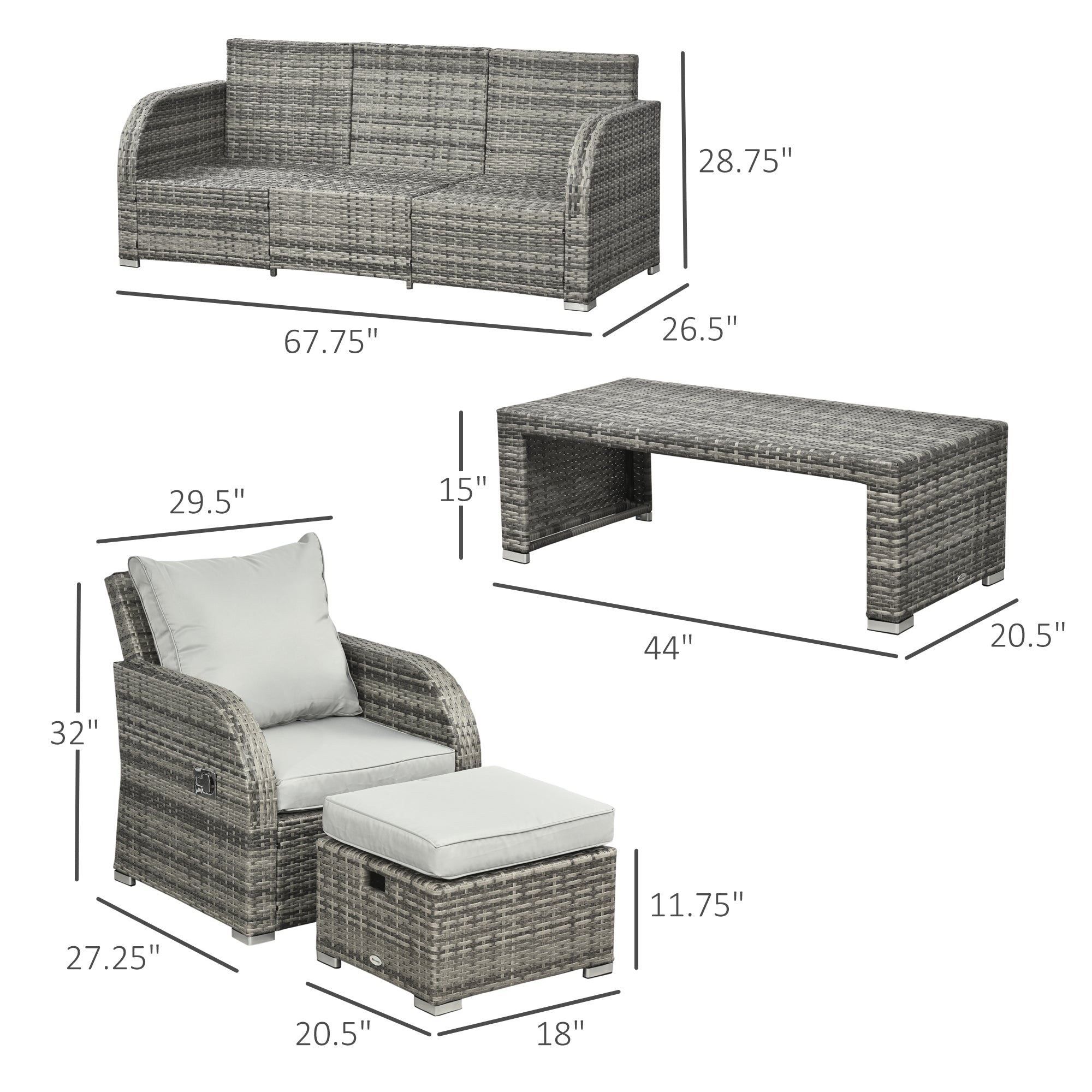 Outsunny Six-piece Outdoor Rattan Dining Set, with Reclining Armchairs - Grey 