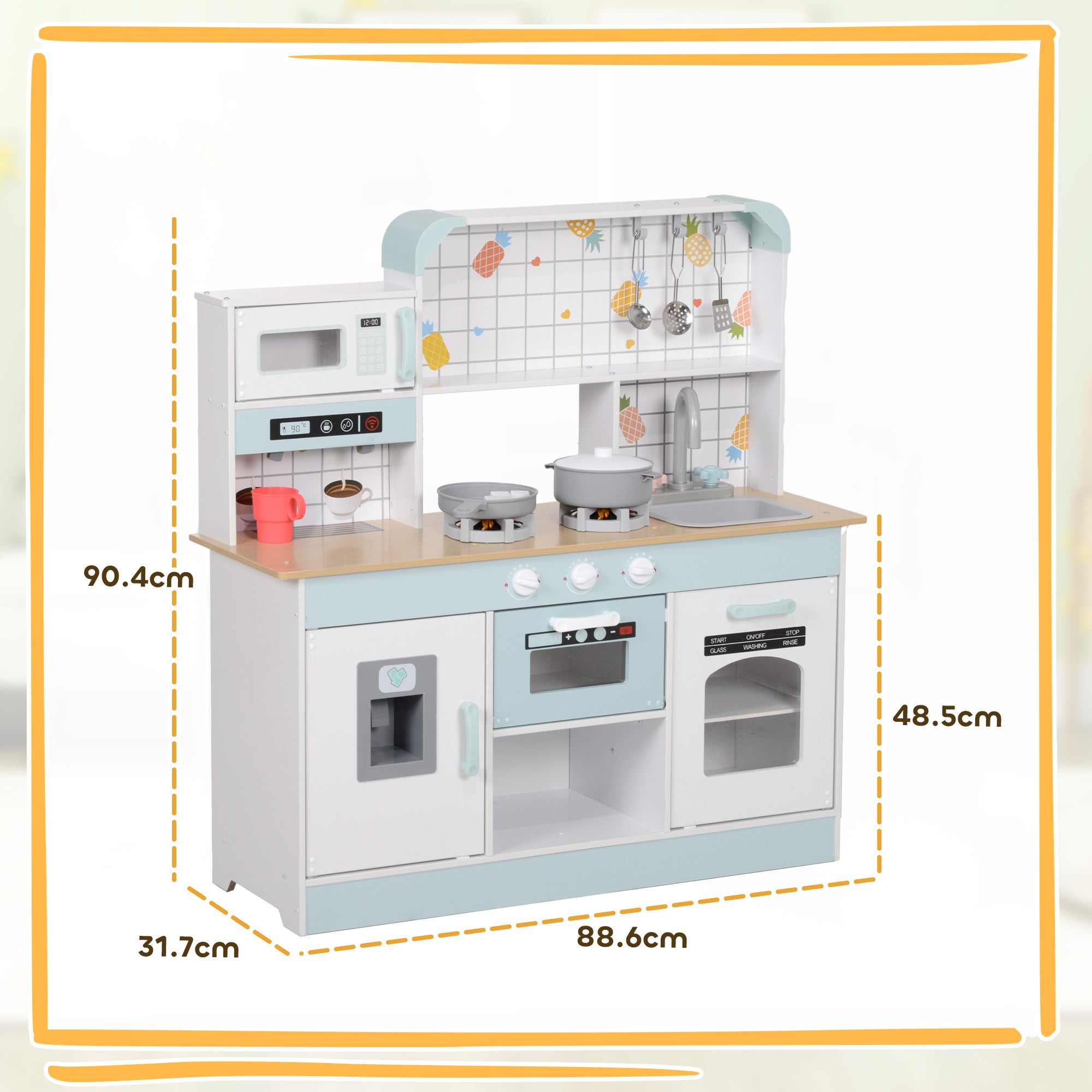 AIYAPLAY Toy Kitchen, Pretend Role Play Kitchen with Hob, Sound and Light, Coffee Machine, Ice Maker, Microwave 