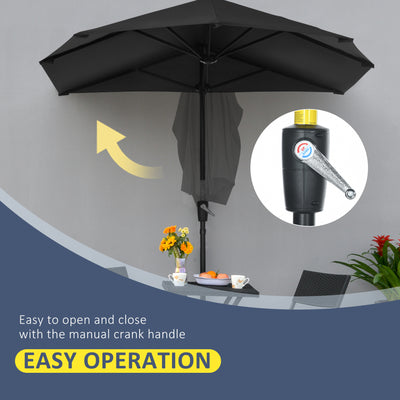 Outsunny 2m Half Parasol Market Umbrella Garden Balcony Parasol with Crank Handle, Base, Double-Sided Canopy, Black 