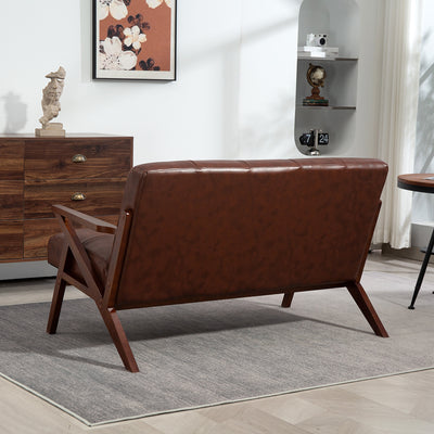 HOMCOM Compact 2 Seater Sofa, Vintage Tufted Loveseat Sofa with Solid Wood Legs, PU Leather Small Couch Settee for Living Room, Bedroom, Home Office, 133 x 81 x 78.5 cm, Brown 