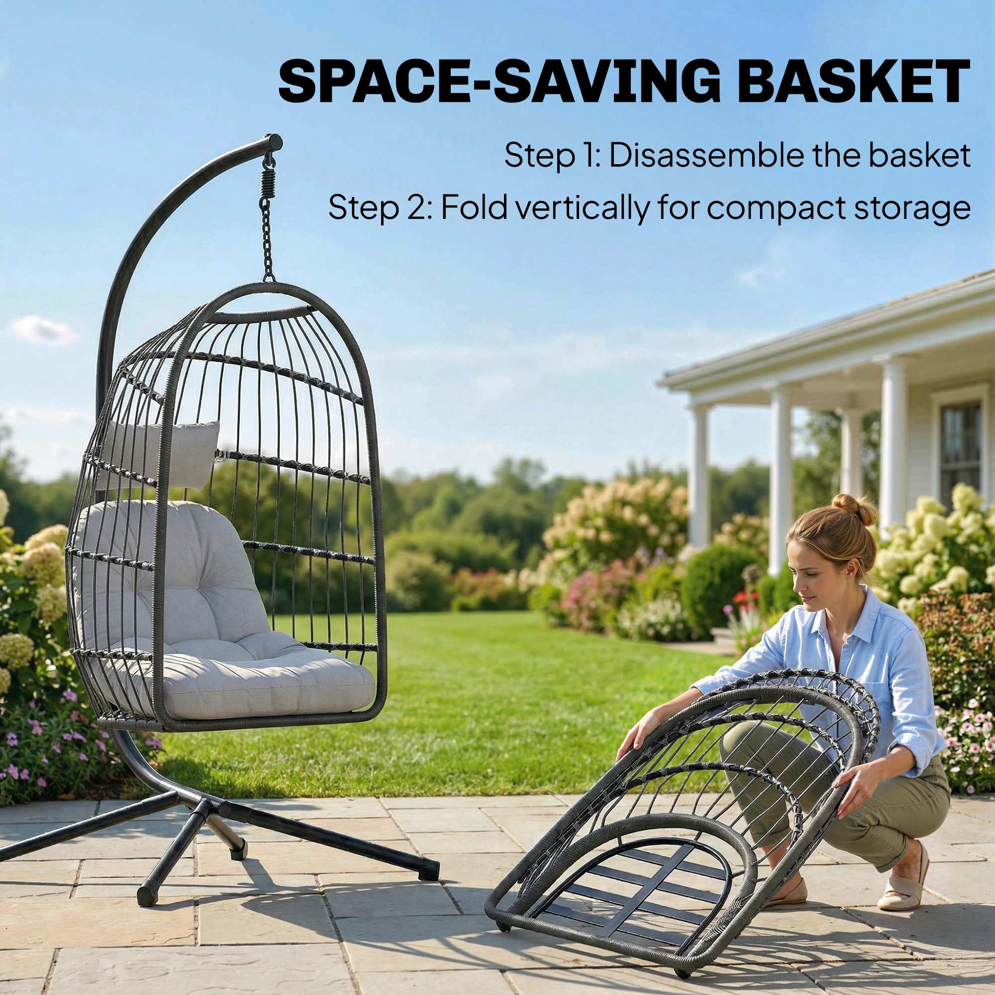 Outsunny Hanging Egg Chair, Indoor Outdoor Hammock Swing Chair with Stand, Safety Strap, Foldable Basket, Dark/Light Grey 