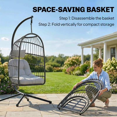 Outsunny Hanging Egg Chair, Indoor Outdoor Hammock Swing Chair with Stand, Safety Strap, Foldable Basket, Dark/Light Grey 