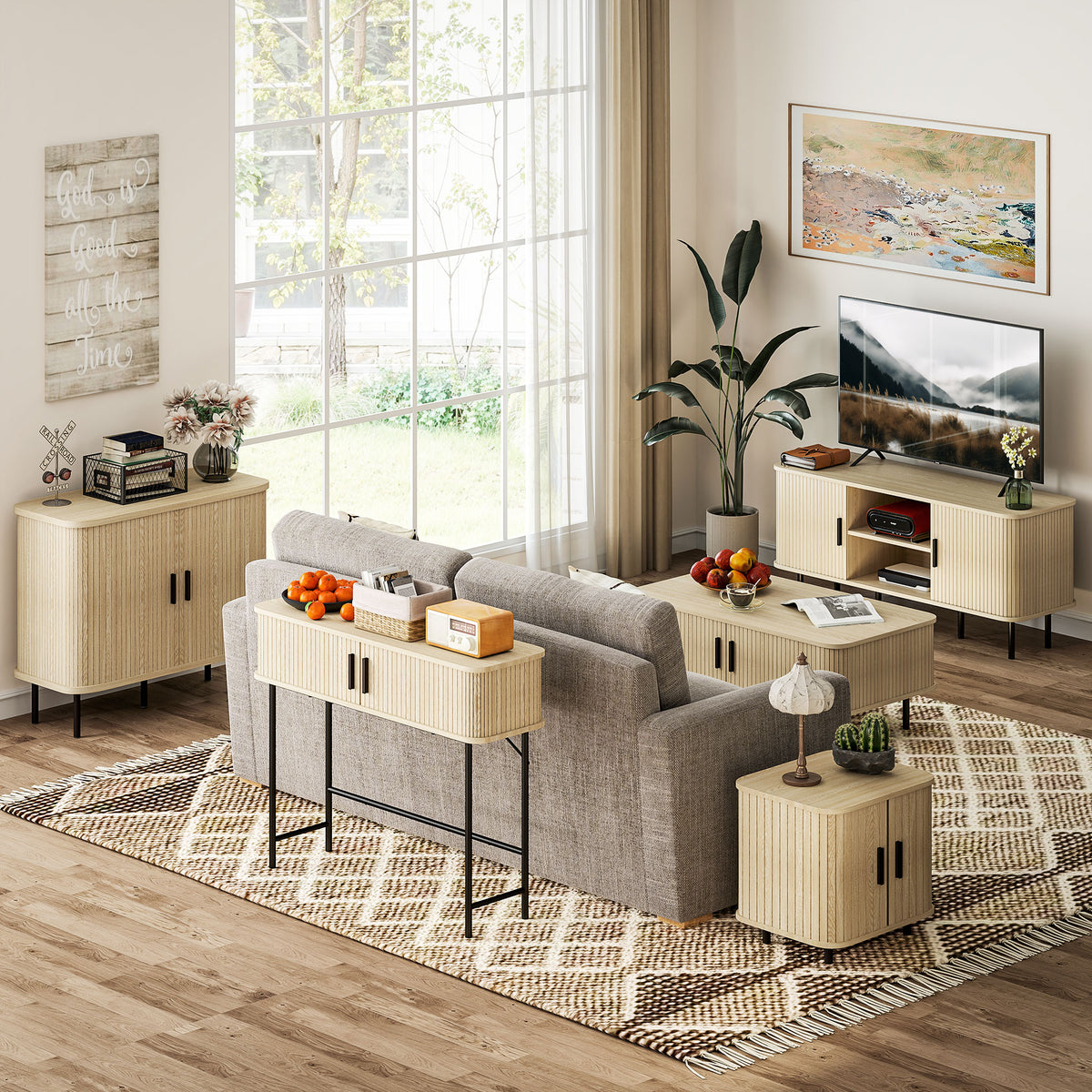 HOMCOM Mid-Century Modern Sideboard Storage Cabinet with Slatted Tambour Sliding Doors, Kitchen Cabinet with Steel Legs, Oak Tone 