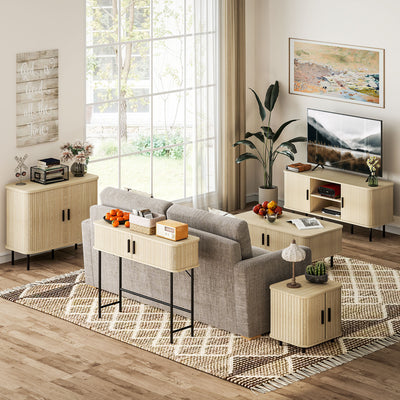 HOMCOM Mid-Century Modern Sideboard Storage Cabinet with Slatted Tambour Sliding Doors, Kitchen Cabinet with Steel Legs, Oak Tone 