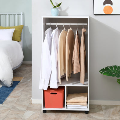 HOMCOM Open Wardrobe on Wheels, Bedroom Wardrobe with Clothes Hanging Rail, 2 Storage Shelves, Mobile Garment Rack for Cloakroom, Hallway, White 