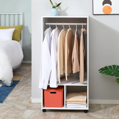 HOMCOM Open Wardrobe on Wheels, Bedroom Wardrobe with Clothes Hanging Rail, 2 Storage Shelves, Mobile Garment Rack for Cloakroom, Hallway, White 
