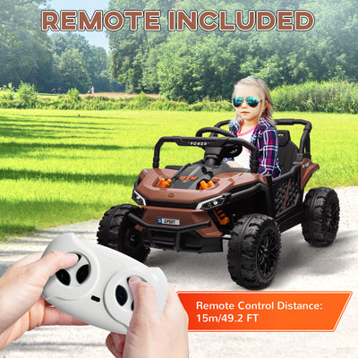 AIYAPLAY 12V Battery Powered Ride on Truck w/ Remote, Four Suspension Wheels, Horn, Lights, Music, USB, for Ages 3-5 Years, Brown 