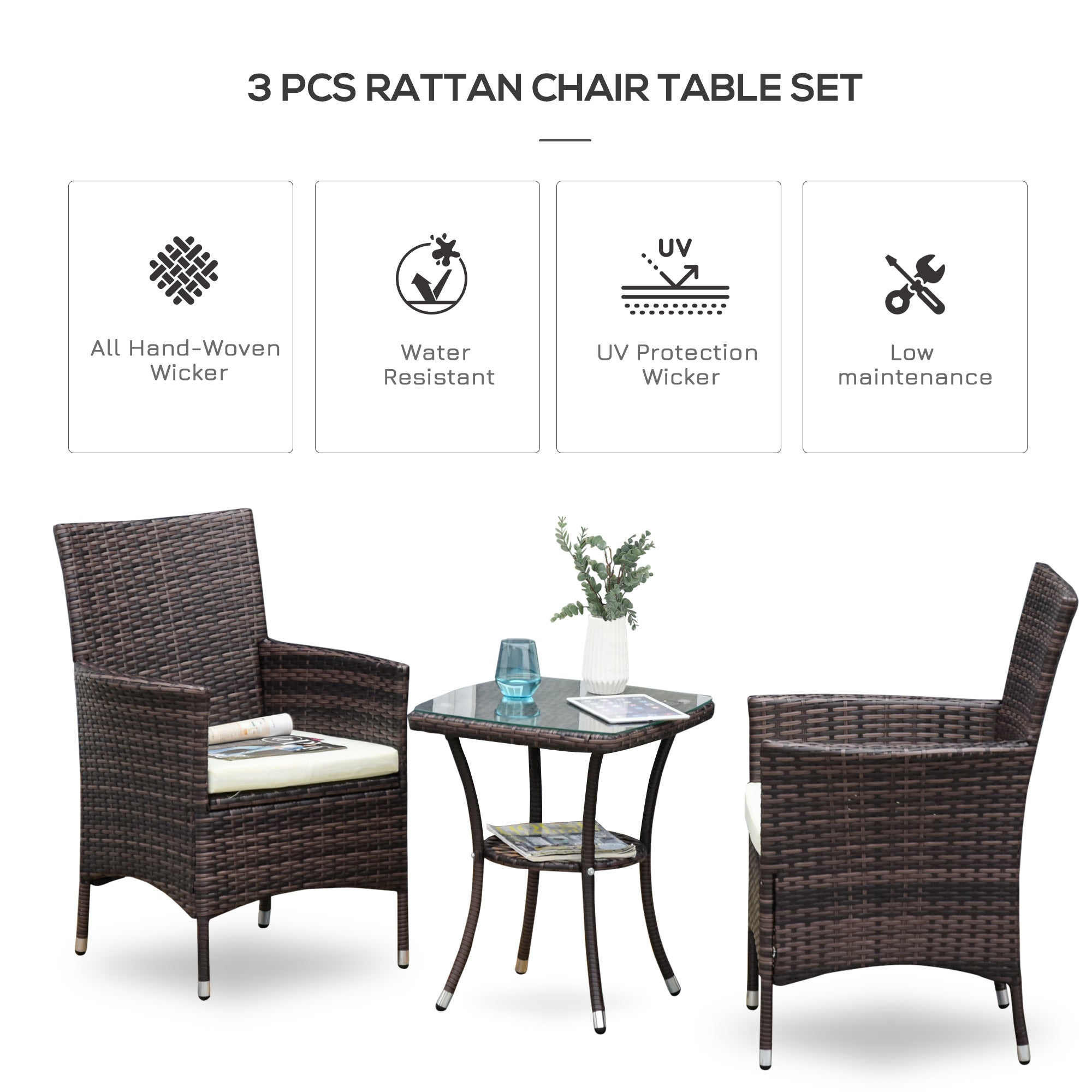 Outsunny Three-Piece Rattan Chair Set, with Cushions - Brown 