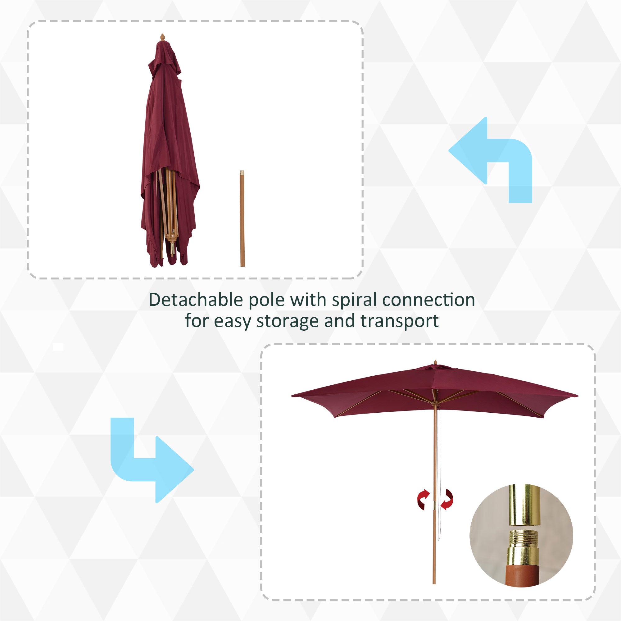 Outsunny 2 x 3m Wooden Garden Parasol Umbrella Outdoor Sun Shade Canopy, Wine Red 