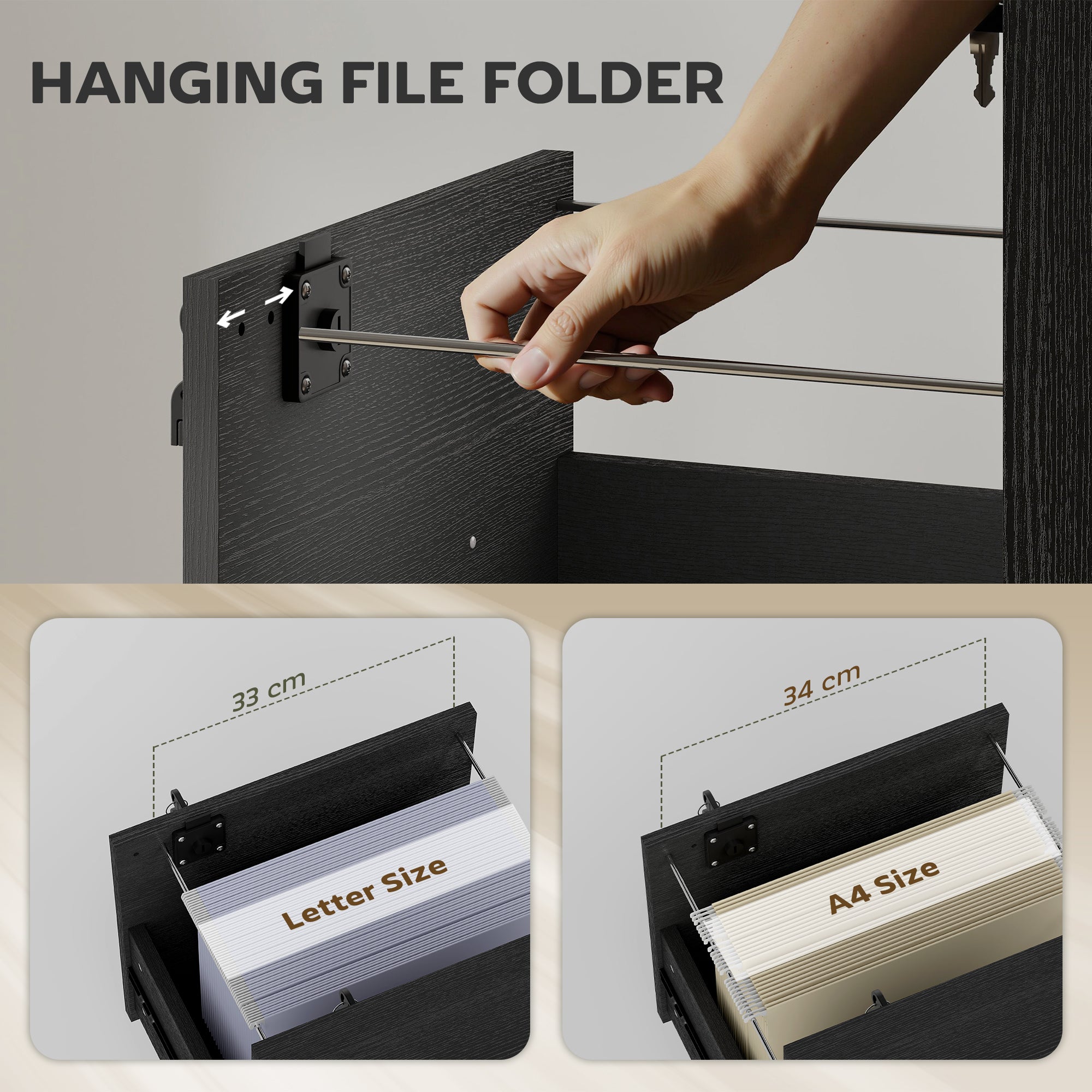HOMCOM Rolling File Cabinet with 2 Drawers, Mobile Filing Cabinet with Hanging File Folder for Letter Sized Documents, Black 