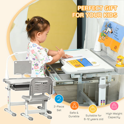 HOMCOM Kids Study Desk and Chair Set w/ Adjustable Height, Storage, Drawer, Grey 