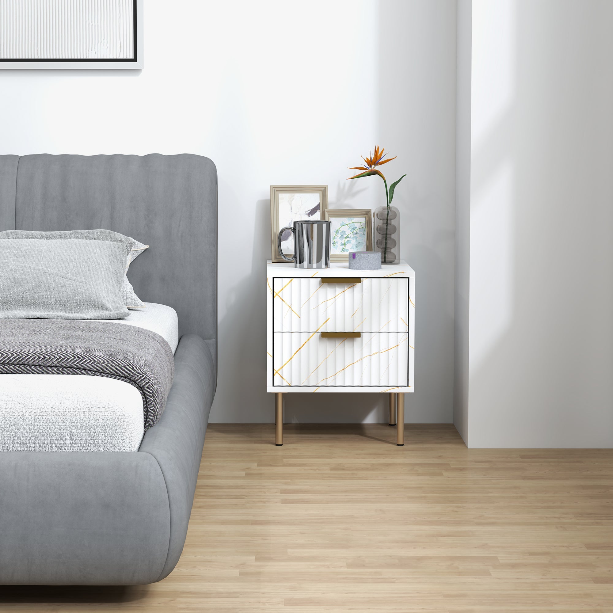 HOMCOM Elegant Two-Drawer Bedside Table - White 