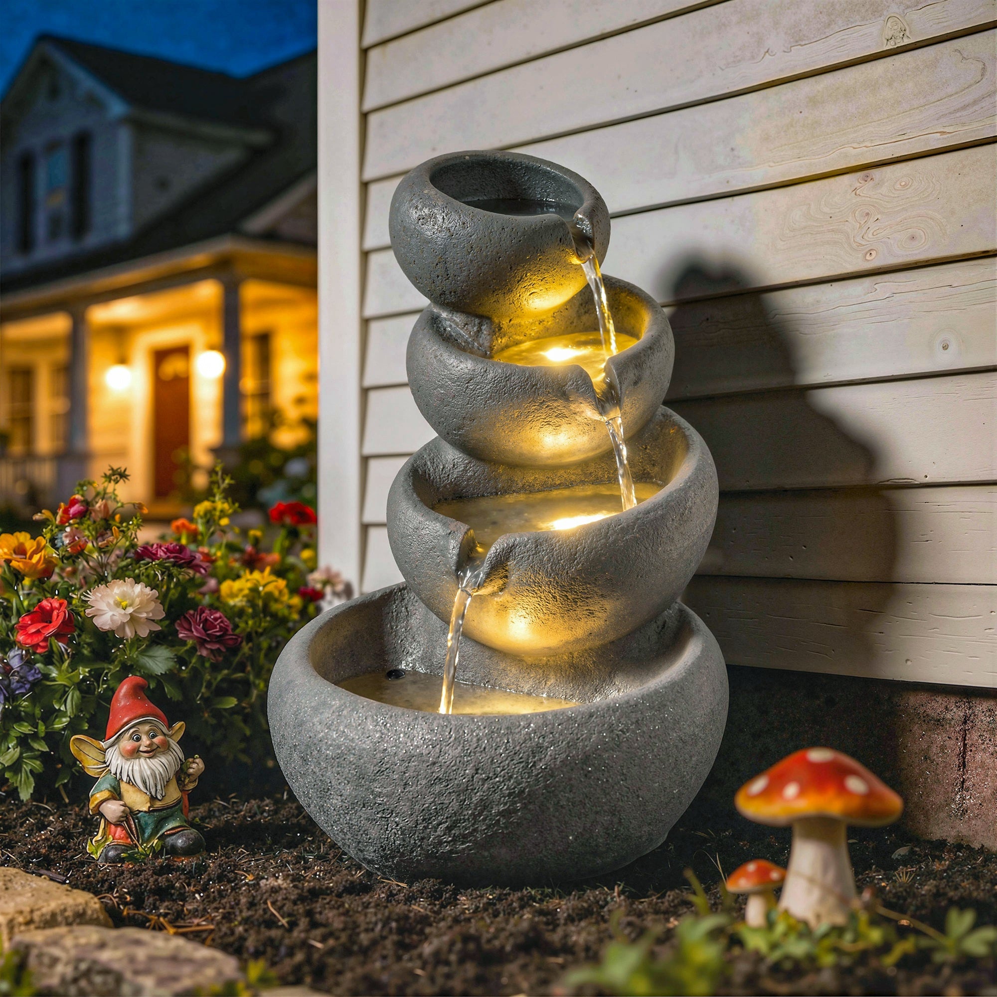 Outsunny 4-Tier Water Fountain Outdoor, Garden Water Feature with LED Lights and Pump, Freestanding Resin Waterfall for Patio 