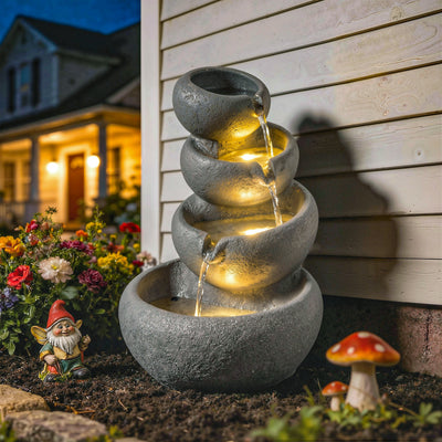 Outsunny 4-Tier Water Fountain Outdoor, Garden Water Feature with LED Lights and Pump, Freestanding Resin Waterfall for Patio 