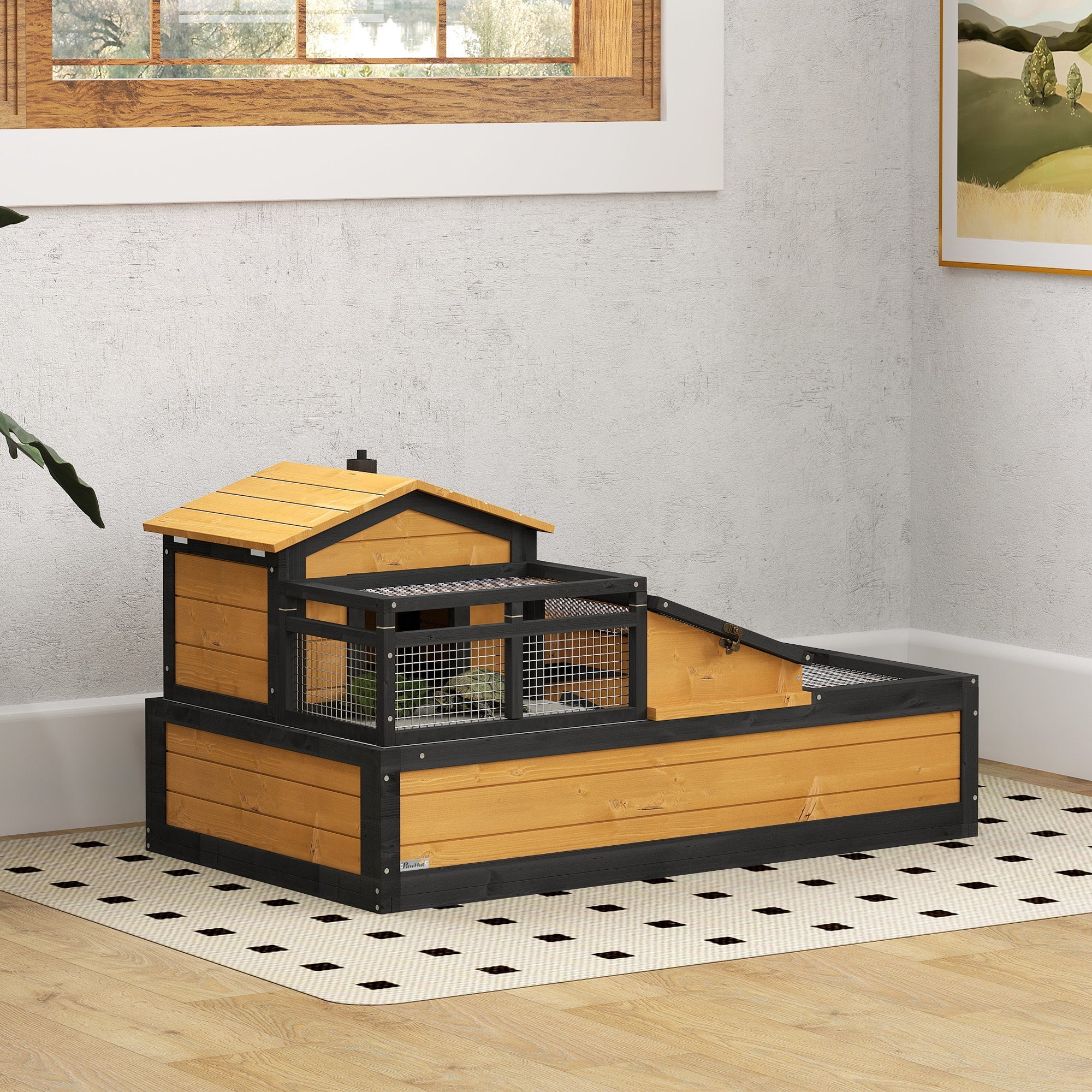 PawHut Wooden Tortoise House with Balcony, Tray, Roof, for Indoor and Outdoor, Yellow 