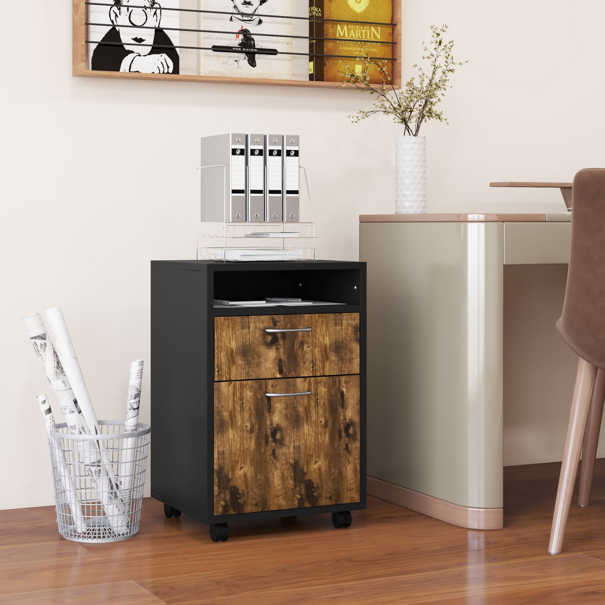 HOMCOM 60cm Filing Cabinet with Drawer, Open Shelf, Metal Handles and 4 Wheels, Office Home Organiser Mobile Printer, Rustic Brown 