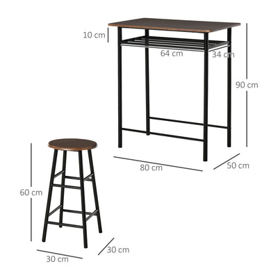 HOMCOM Bar Table Set, Bar Table and Stools Set, Footrest and Storage Shelf, for Kitchen, Dining Room, Pub, Cafe, Black and Oak 