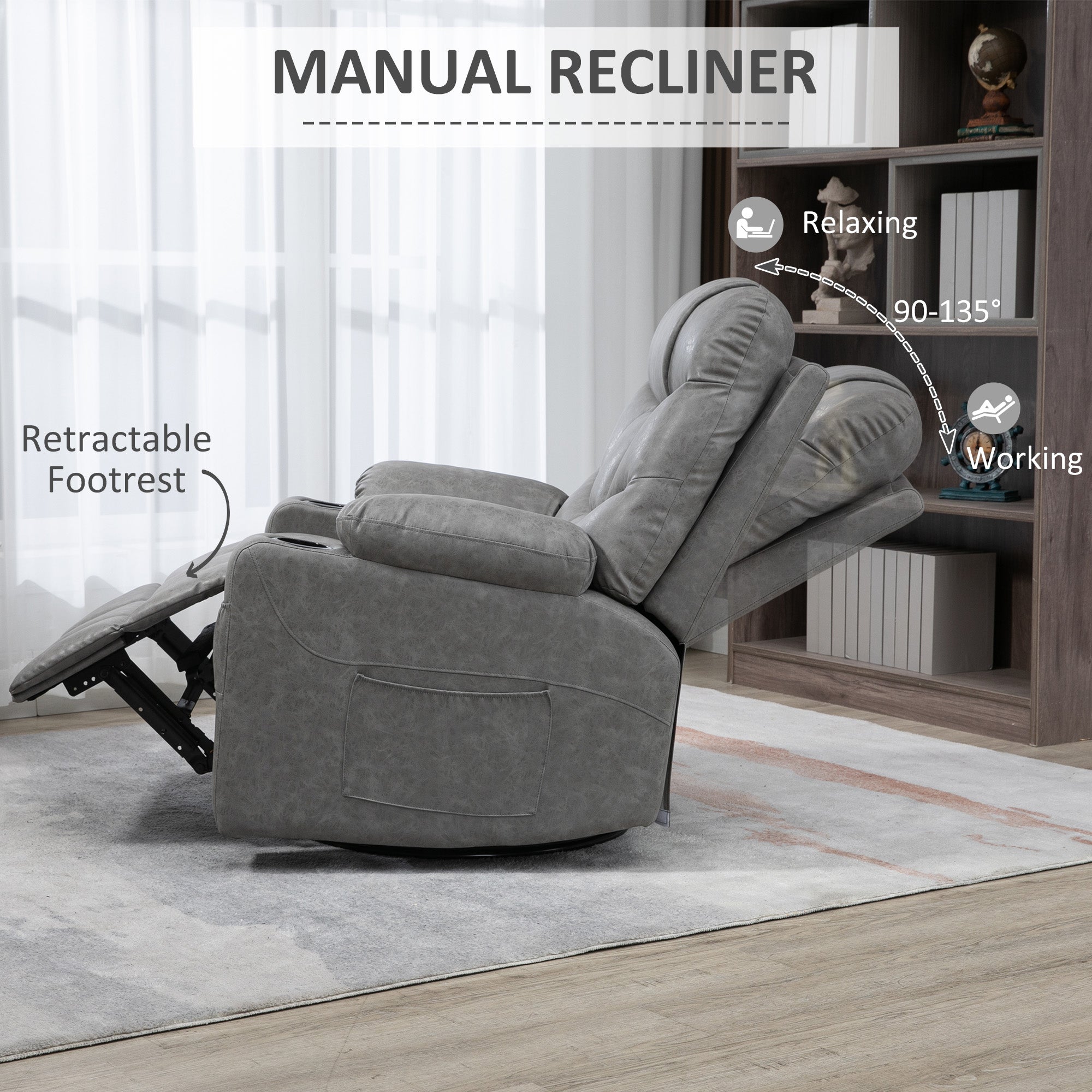 HOMCOM Thick Padded Faux Leather Recliner Armchair - Light Grey 
