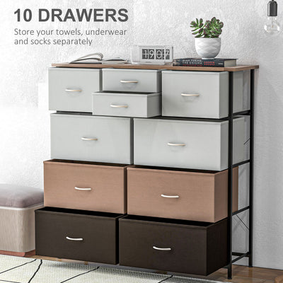 HOMCOM Bedroom Chest of Drawers, 10 Drawer Dresser with Foldable Fabric Drawers and Steel Frame, Multicolour 