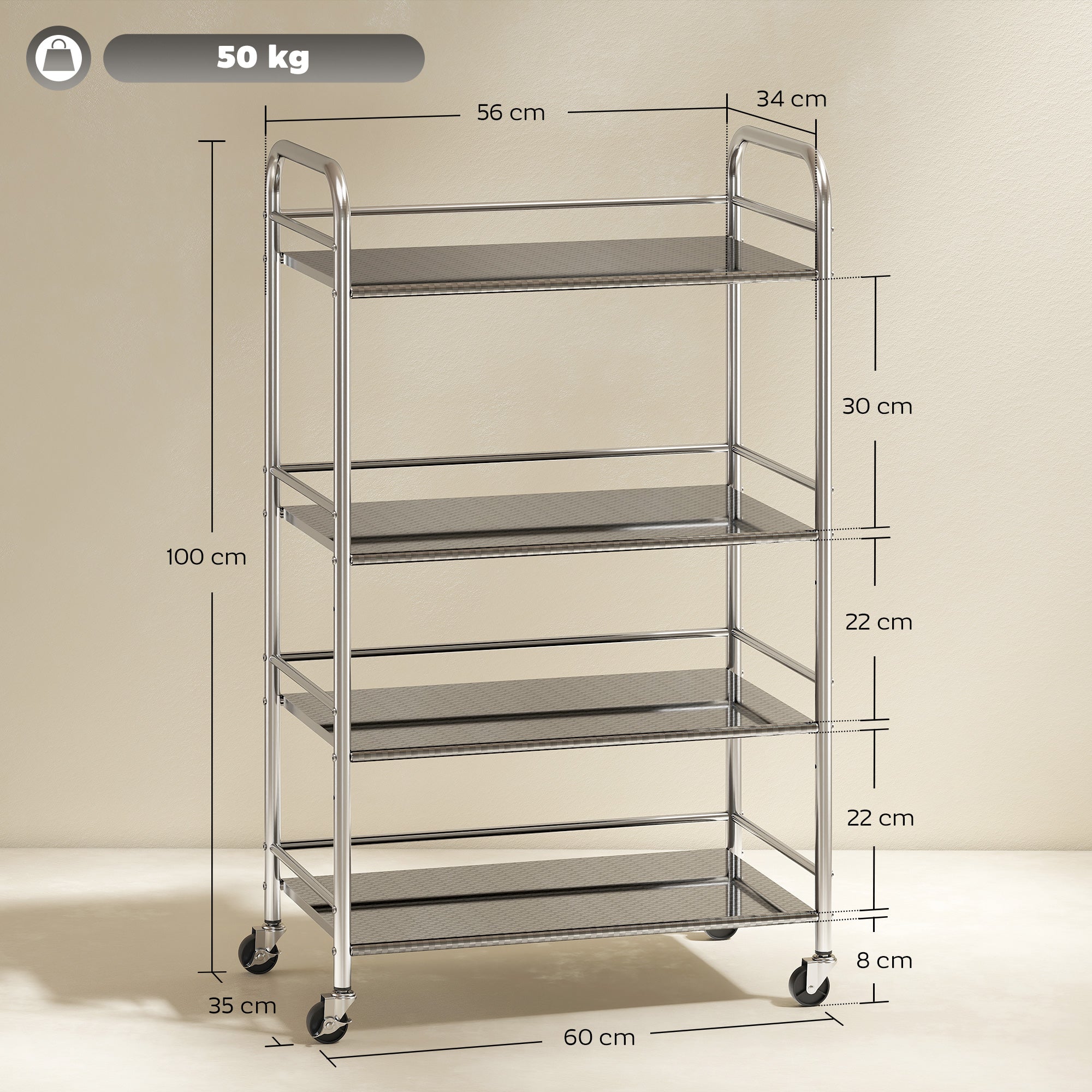 HOMCOM 4 Tier Stainless Steel Kitchen Storage Trolley with Adjustable Shelves - Silver 
