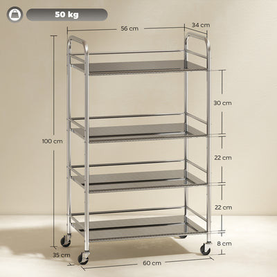 HOMCOM 4 Tier Stainless Steel Kitchen Storage Trolley with Adjustable Shelves - Silver 