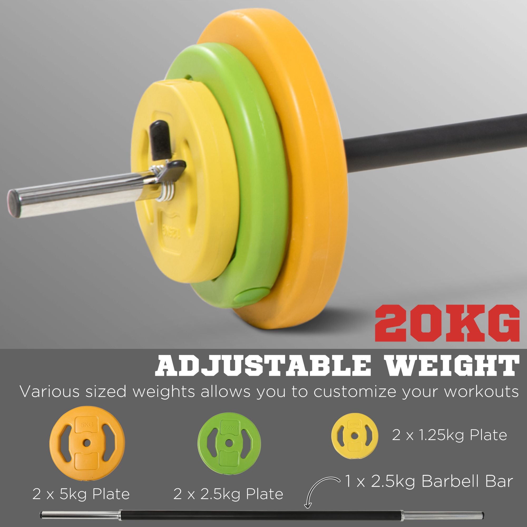 HOMCOM 20kg Adjustable Barbell Weights Set with Barbell Jack, Adjustable Weights Set with Non-slip Handle and Fixing Clip, for Home Gym Strength Training 