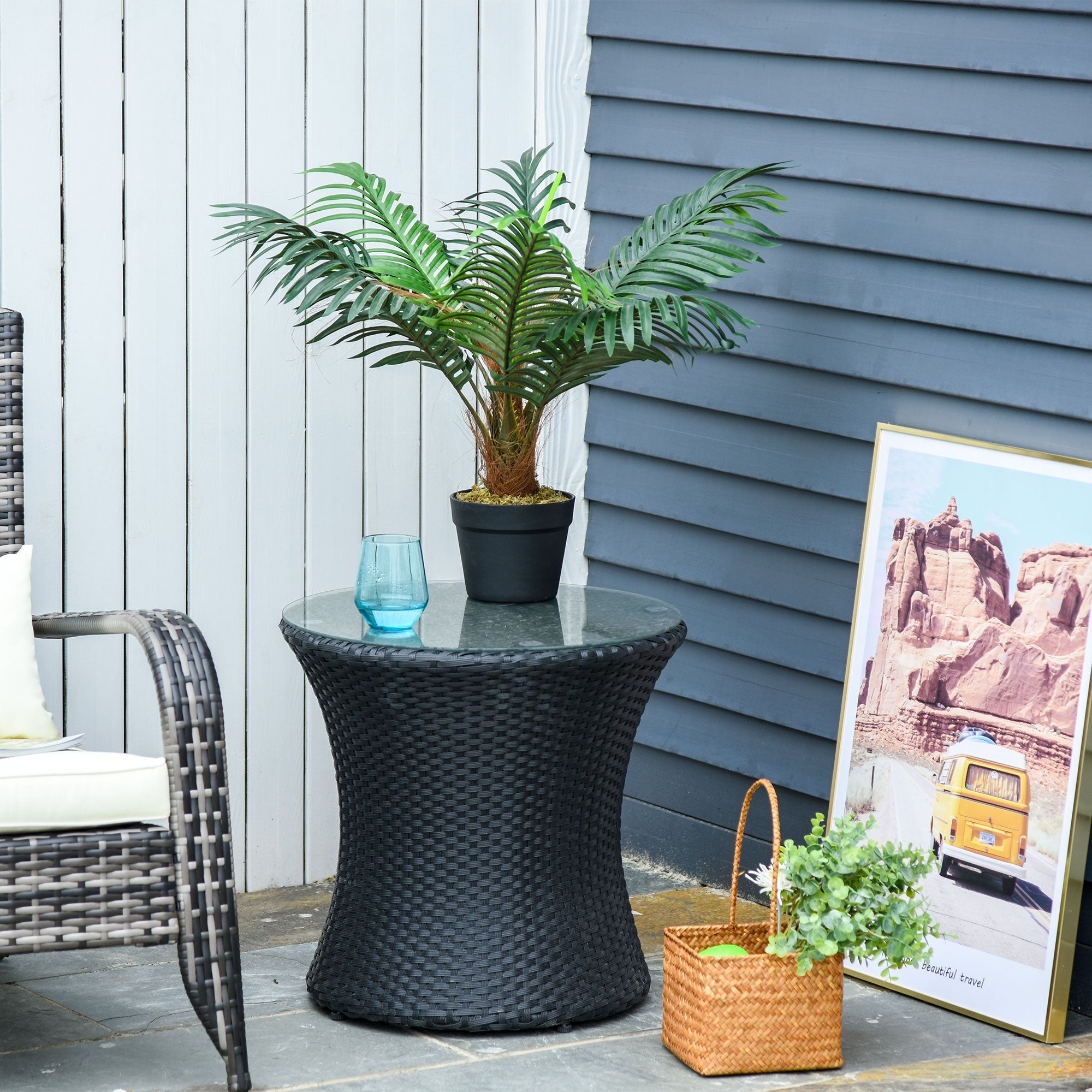Outsunny 60cm/2FT Artificial Palm Tree Decorative Plant 8 Leaves with Nursery Pot, Fake Tropical Tree for Indoor Outdoor Décor 