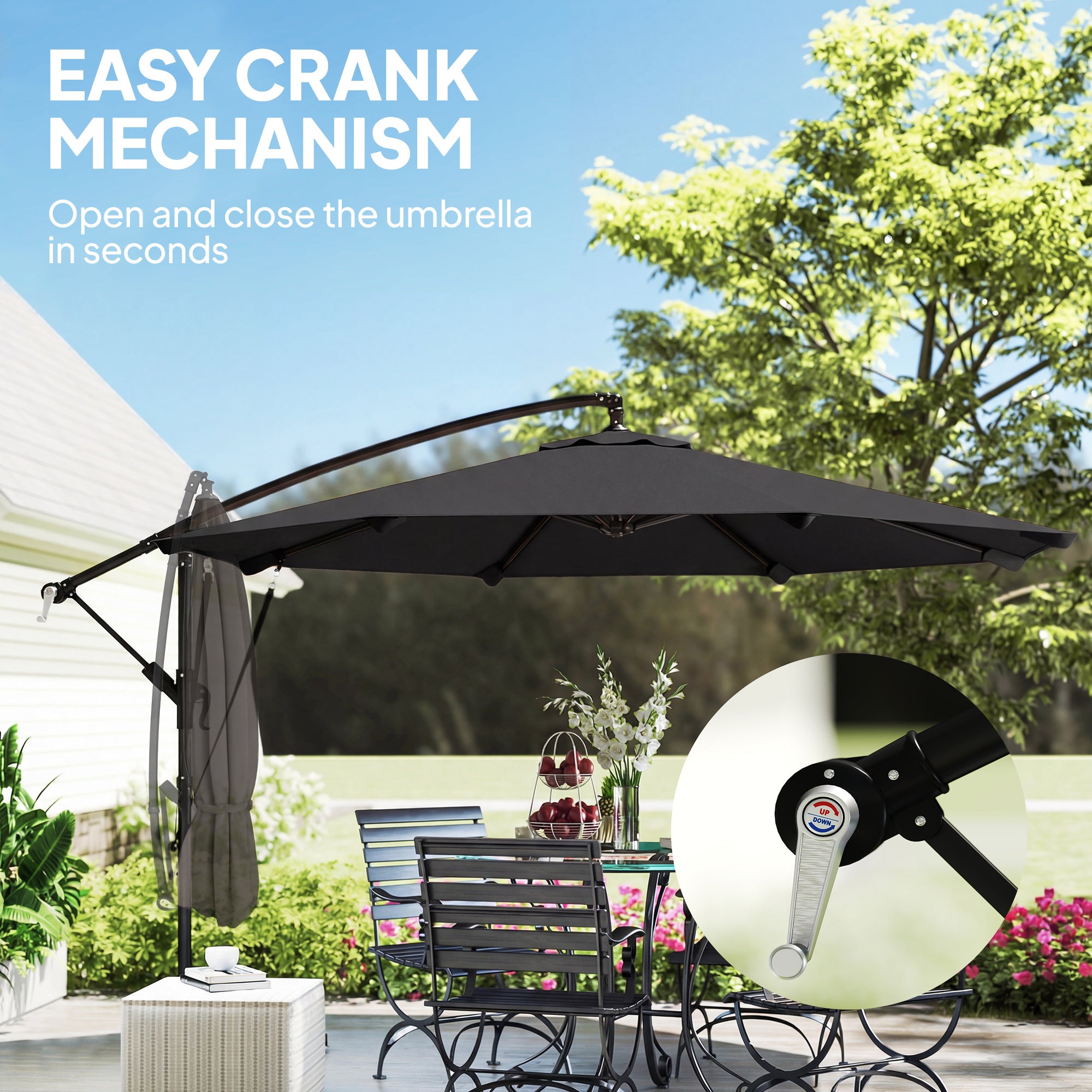 Outsunny 3 m Cantilever Parasol with Protective Cover and Wind Ropes, Banana Parasol with Crank Handle, Black 
