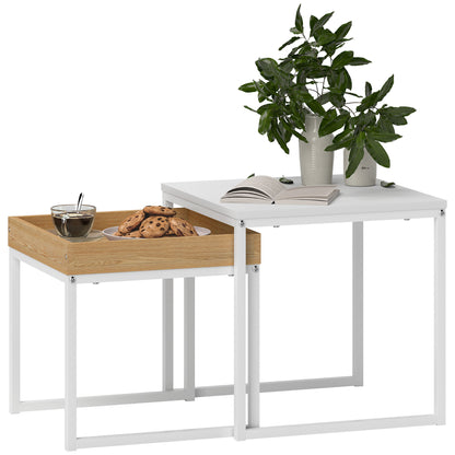HOMCOM Set of Two Boxy Nesting Tables - White/Wood-Effect 