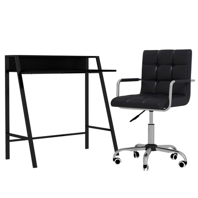 HOMCOM Home Office Chair and Computer Desk Set, Faux Leather Desk Chair with Swivel Wheels, Study Desk with Storage Shelf, Black 