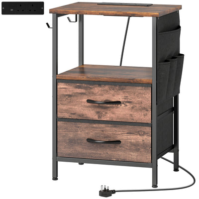 HOMCOM Bedside Table with Charging Station - Rustic Brown 