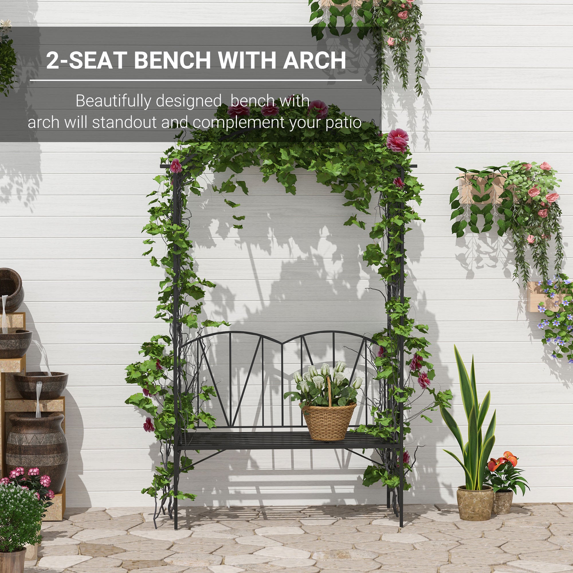 Outsunny Garden Bench, 2 Seater Outdoor Patio Bench, Metal Garden Loveseat with Arch for Vines and Climbing Plants, Black 