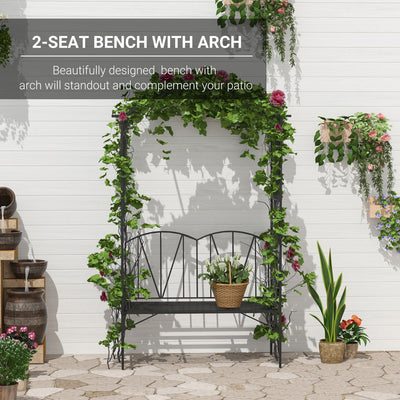 Outsunny Garden Bench, 2 Seater Outdoor Patio Bench, Metal Garden Loveseat with Arch for Vines and Climbing Plants, Black 