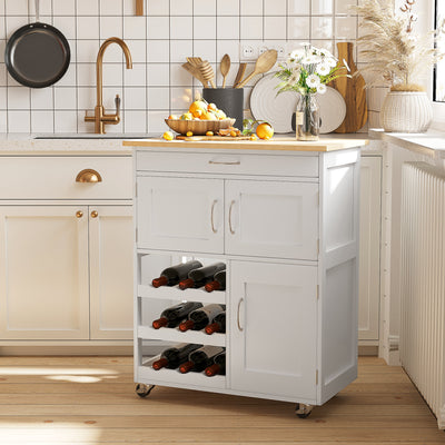 HOMCOM Modern Kitchen Trolley, Rolling Island Storage Cart with Drawer, 9-bottle Wine Rack, Door Cabinets, Wooden Countertop, White 