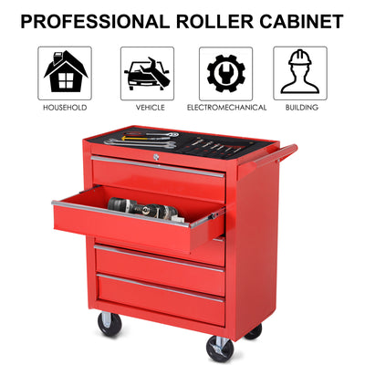 DURHAND 5-Drawer Lockable Tool Storage Cabinet with Wheels, Handle, 2 Keys, Steel Home Work DIY Workshop Chest, Garage Equipment Trolley, Red 