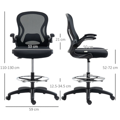 Vinsetto Adjustable Mesh Standing Desk Chair with Flip-up Armrests Lumbar Support Armrests Adjustable Footrest Ring Black 