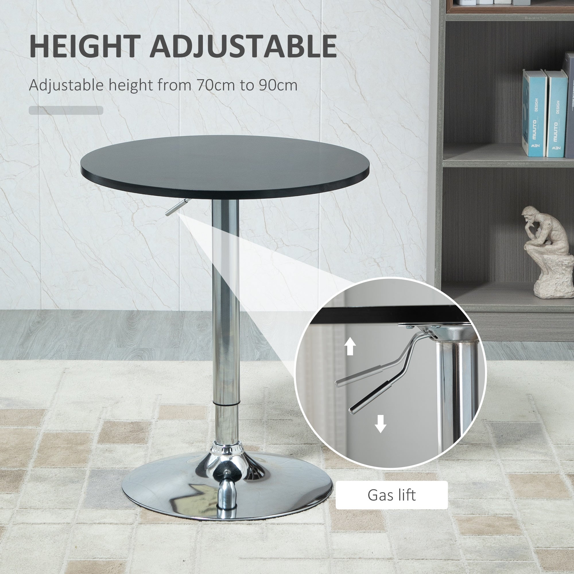 HOMCOM Round Height Adjustable Bar Table Counter Pub Desk with Metal Base for Home Bar, Dining Room, Kitchen, Black 