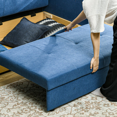 HOMCOM 2 Seater Sofa Bed, Convertible Bed Settee, Modern Fabric Loveseat Sofa Couch with 2 Cushions, Hidden Storage for Living Room, Guest Room, Deep Blue 