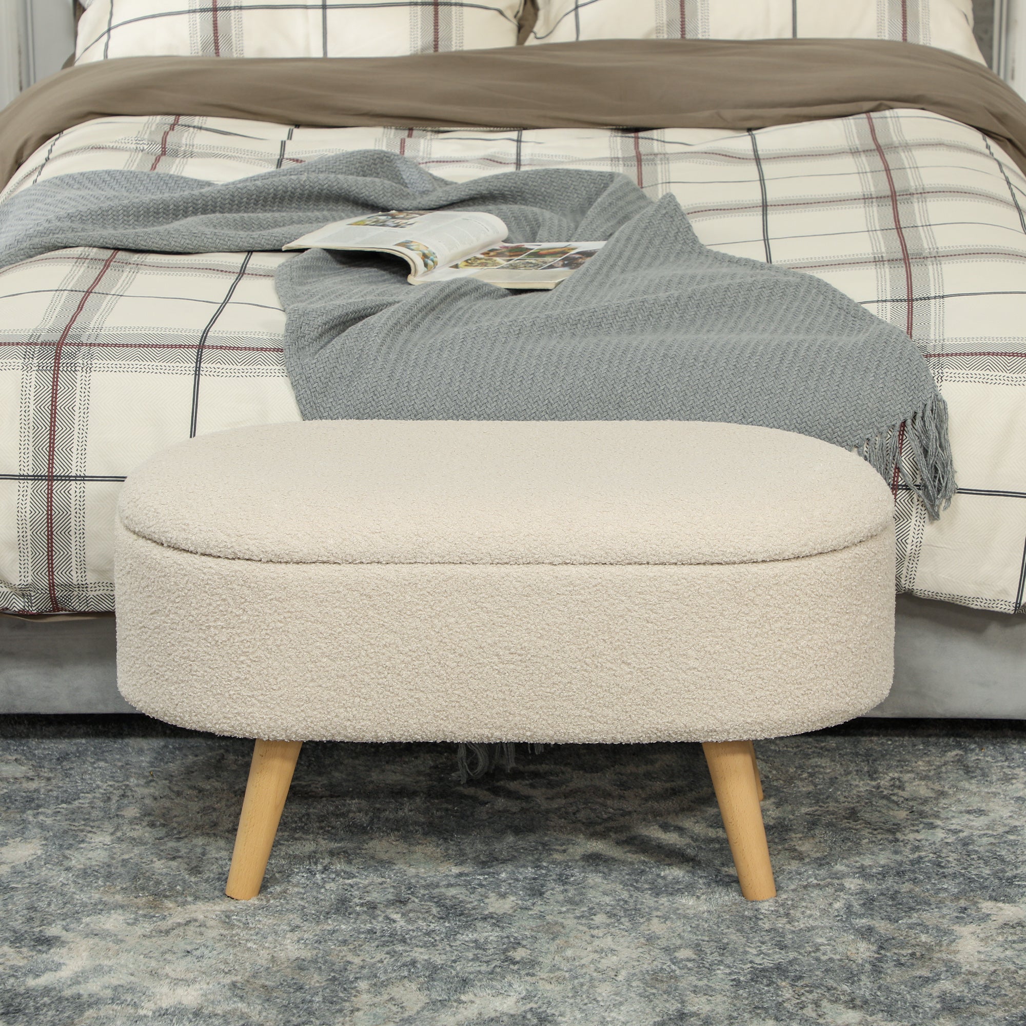 HOMCOM Teddy Fleece Storage Ottoman - Cream White 