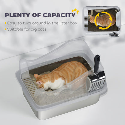 PawHut Stainless Steel Cat Litter Box with High Sides, Scoop, 43 x 33 x 25 cm
