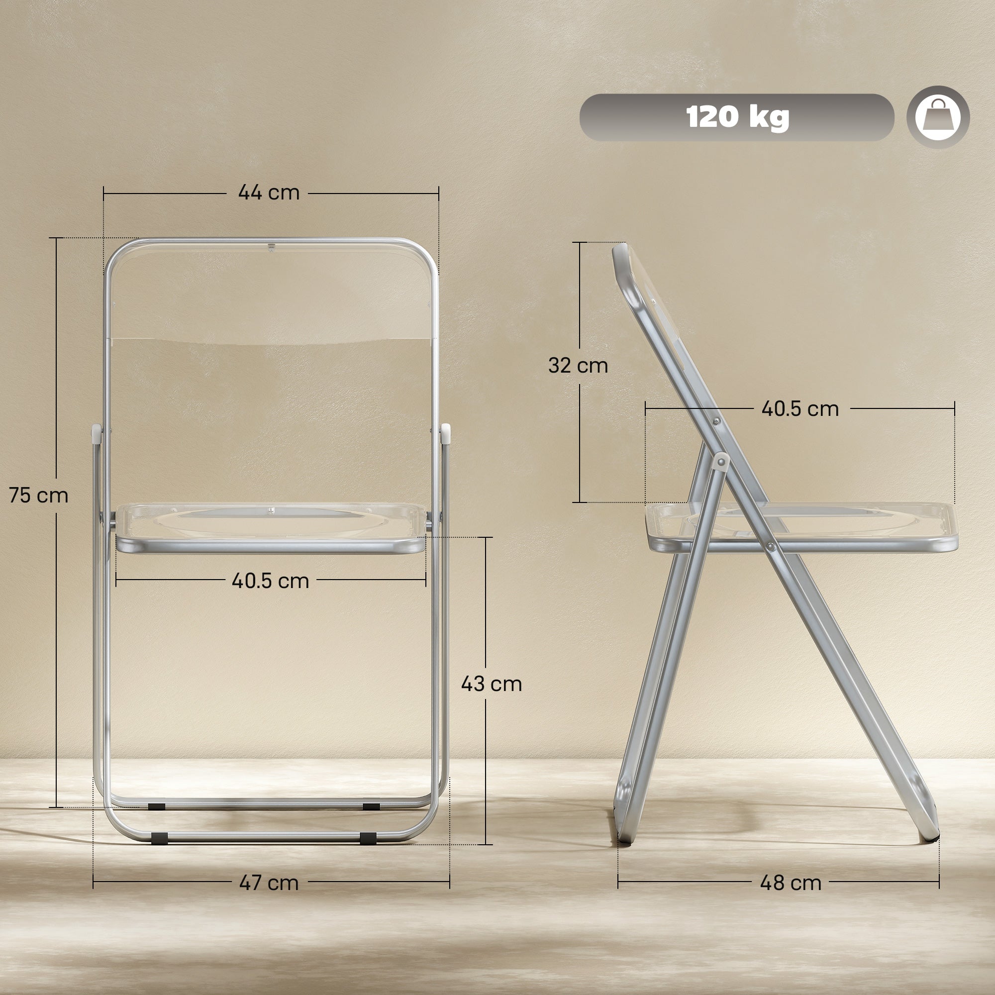HOMCOM Foldable Chairs, Folding Chairs with Transparent Seat and Backrest, Heavy Duty Steel Frame, 47W x 48D x 75H cm, Clear 