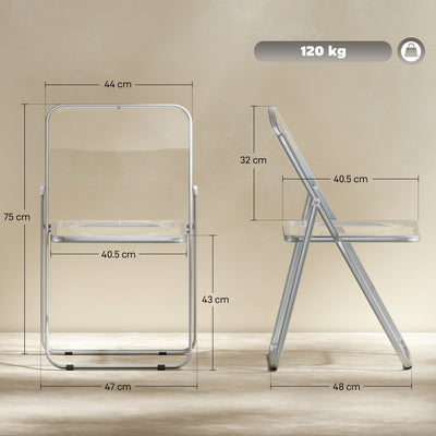 HOMCOM Foldable Chairs, Folding Chairs with Transparent Seat and Backrest, Heavy Duty Steel Frame, 47W x 48D x 75H cm, Clear 