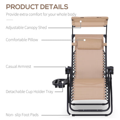 Outsunny 2 Piece Foldable Reclining Garden Chair with Headrest, Zero Gravity Deck Sun Lounger Seat Chair with Footrest, Armrest, Cup Holder & Canopy Shade, Beige 