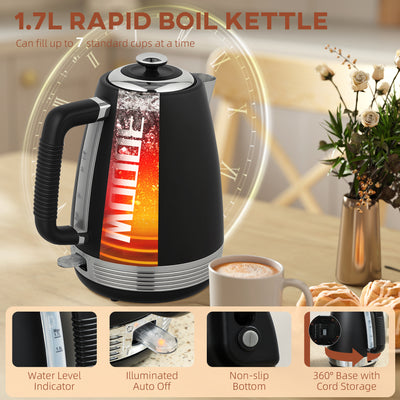 HOMCOM Stainless Steel Kettle and Toaster Set, 1.7L 3000W Rapid Boil Jug Kettle with UK Strix Thermostat, Limescale Filter, 4 Slice Toaster with 7 Browning Controls, Crumb Tray, Black and Silver Tone 