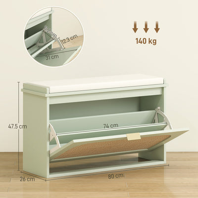HOMCOM Boho Shoe Bench with Padded Seat and Flip-Drawer - Light Green 