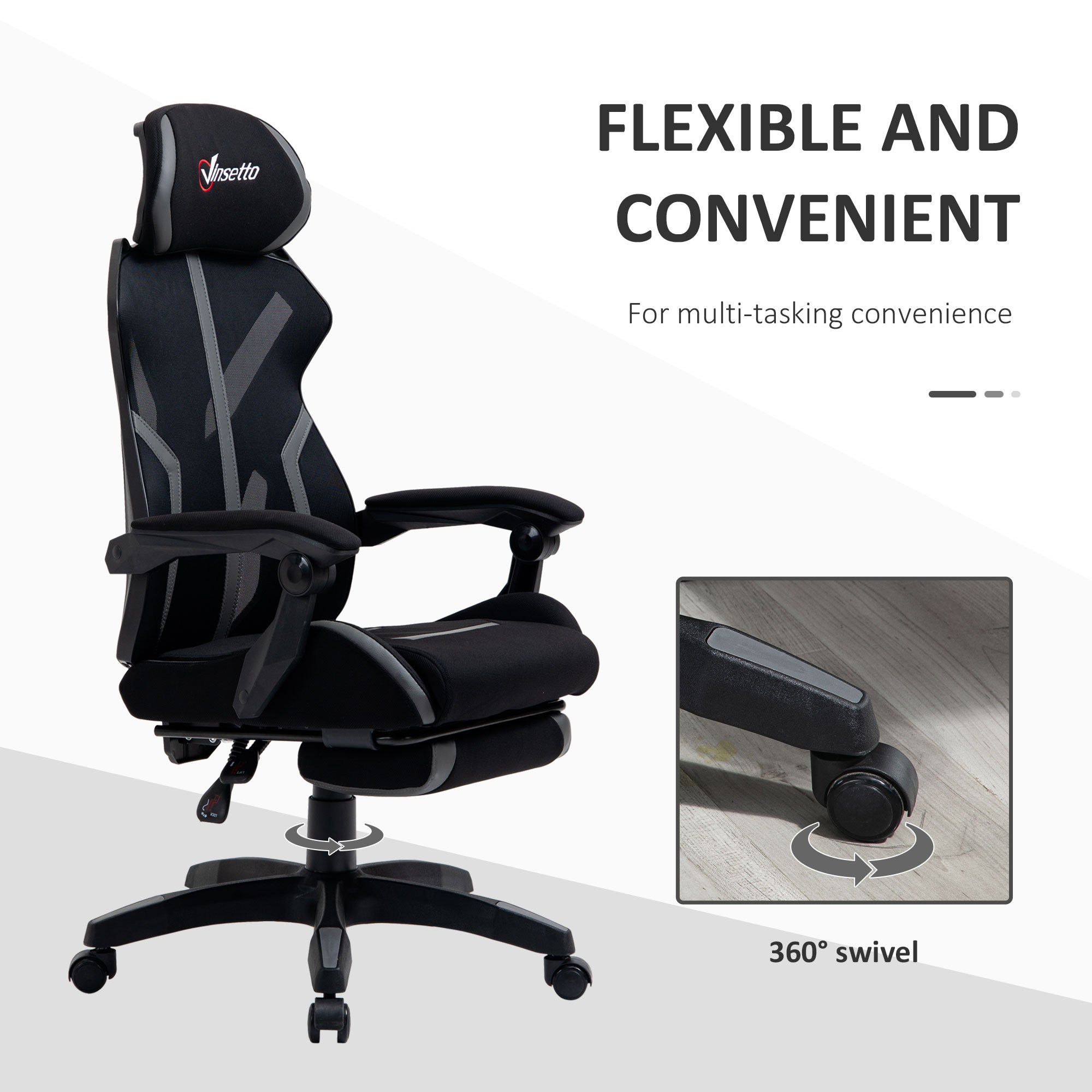 Vinsetto Mesh Office Chair Desk Task Computer Recliner with Footrest, Lumbar Back Support, Swivel Wheels, Adjustable Height for Home, Black Grey 