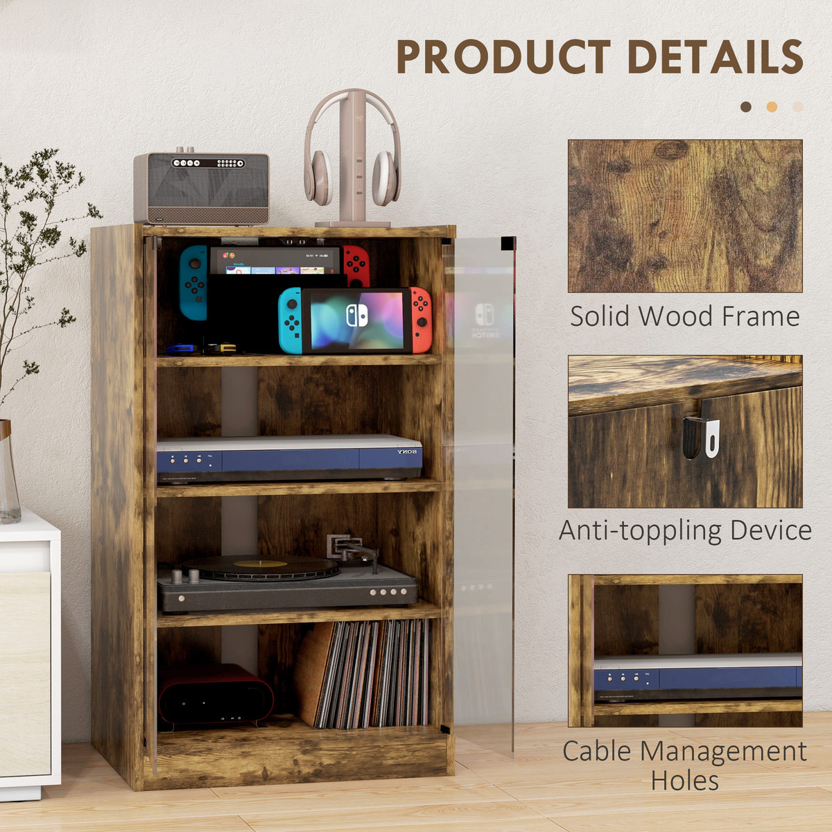 HOMCOM 4-Tier Hi-Fi Stand, Record Player Stand with Adjustable Shelves and Push-to-Open Glass Doors, Rustic Brown