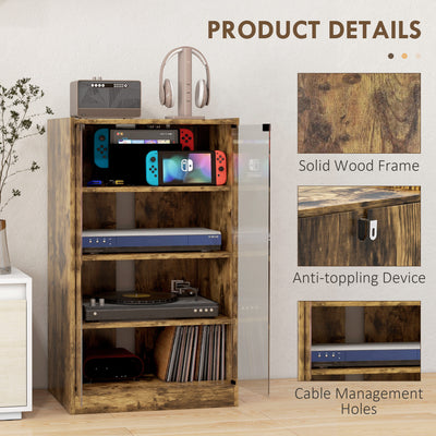 HOMCOM 4-Tier Hi-Fi Stand, Record Player Stand with Adjustable Shelves and Push-to-Open Glass Doors, Rustic Brown