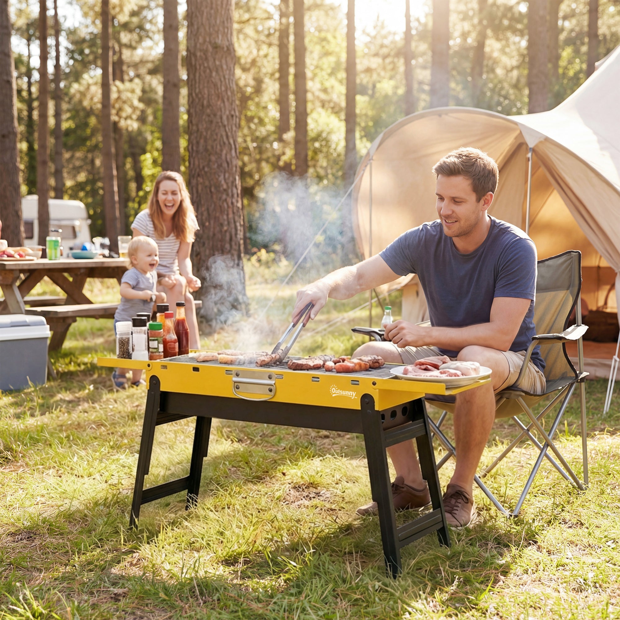 Outsunny Portable BBQ Grill, Foldable Charcoal Grill for Camping and Picnics with 2 Side Shelves and Handle, Yellow 